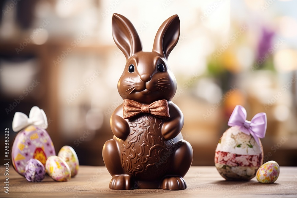 tasty chocolate easter bunny stand on table