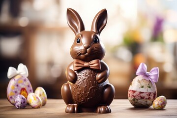 tasty chocolate easter bunny stand on table