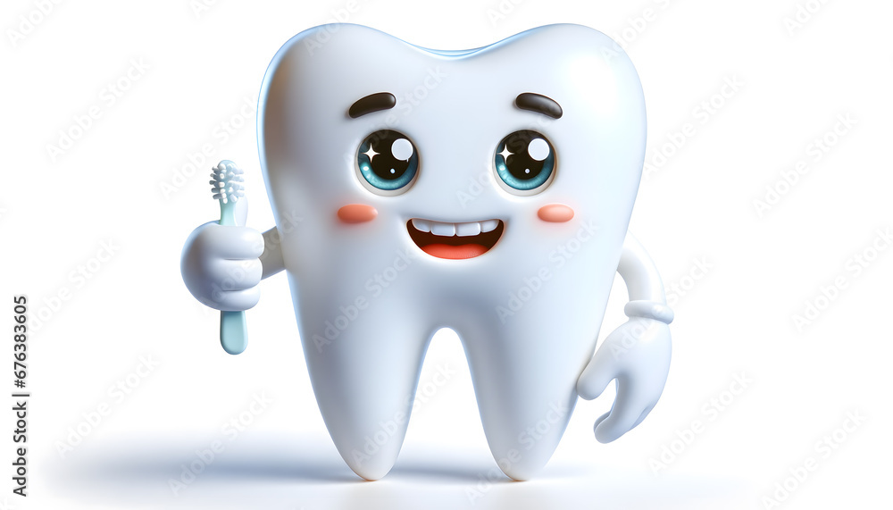 Cute tooth, 3d character, smiling and holding toothbrush. Dental hygiene concept illustration. Generative AI Cute tooth, 3d character, smiling and holding toothbrush. Dental hygiene concept illustration. Generative AI