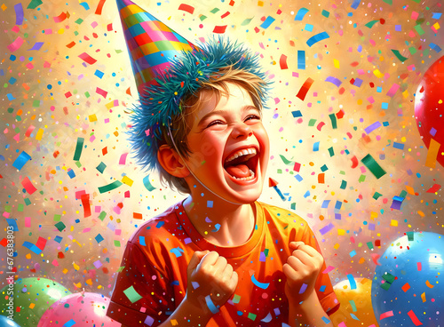 Happy Caucasian Little Boy Celebrating Birthday with Joyful Confetti. Generative AI.