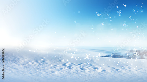 Winter snow background with snowdrifts, with beautiful light and snow flakes on the blue sky in the evening, banner format, copy space © Alin