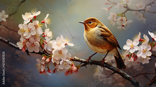 Delightfully beautiful nightingale bird on a flowering tree in spring © Alin