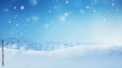 Winter snow background with snowdrifts, with beautiful light and snow flakes on the blue sky in the evening, banner format, copy space © Alin