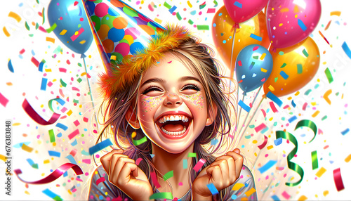 Happy Caucasian Little Girl Celebrating Birthday with Joyful Confetti. Generative AI.