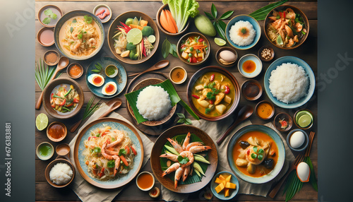 Create a wide image of a table filled with a variety of Thai foods