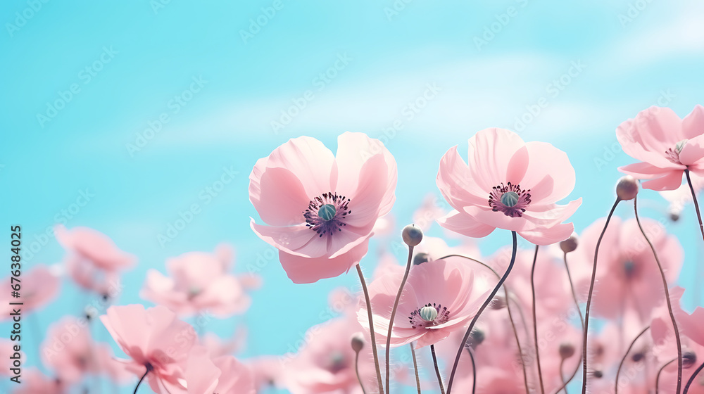 Gently pink flowers of anemones outdoors in summer spring close-up on turquoise background. Delicate dreamy image of beauty of nature Gently pink flowers of anemones outdoors in summer spring close-up on turquoise background. Delicate dreamy image of beauty of nature
