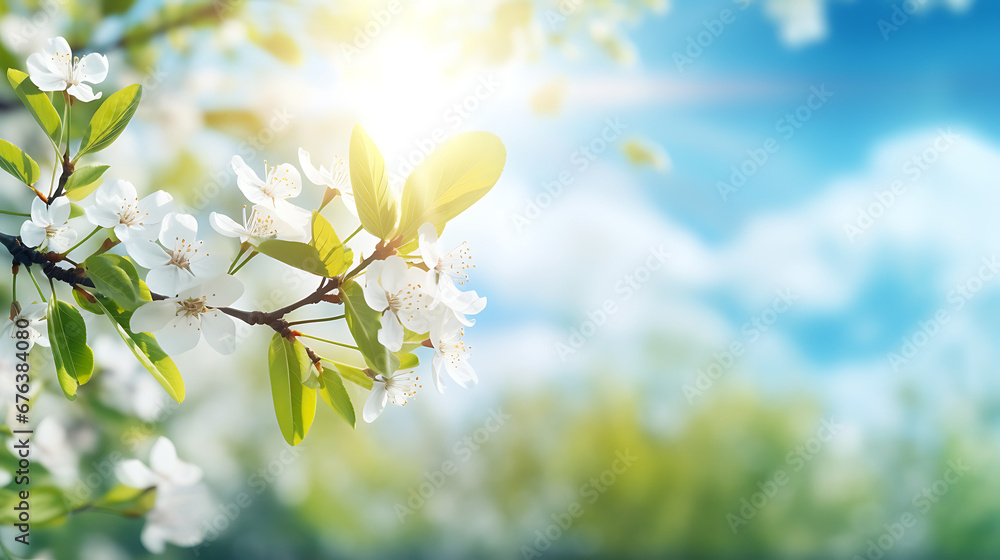 Beautiful blurred spring background nature with blooming glade, trees and blue sky on a sunny day Beautiful blurred spring background nature with blooming glade, trees and blue sky on a sunny day