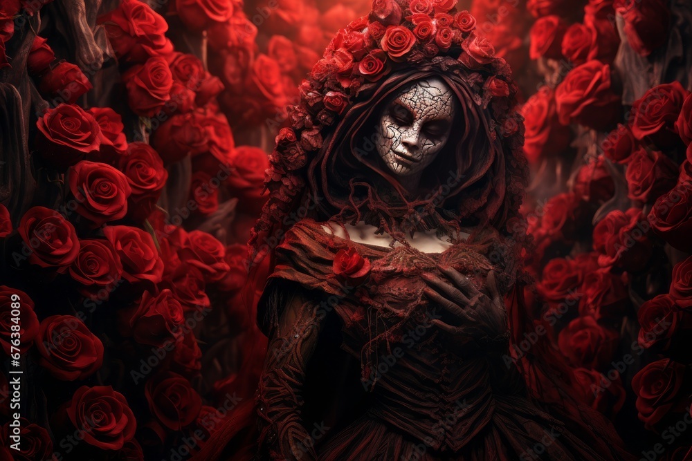 Obraz premium The beautiful Lady of Death stands against a background of roses. Generative AI.