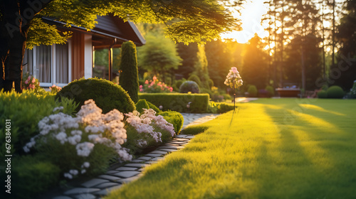 Beautiful manicured lawn and flowerbed with deciduous shrubs on private plot and track to house against backlit bright warm sunset evening light on background. Soft focusing in foreground photo