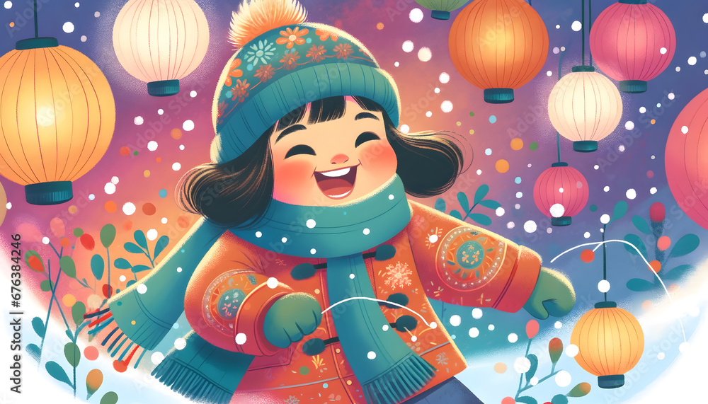 Joyful Asian Girl Playing in Snowfall in Colorful Digital Painting. Generative AI. Joyful Asian Girl Playing in Snowfall in Colorful Digital Painting. Generative AI.