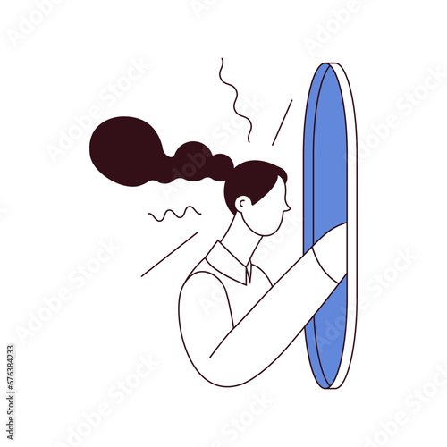 Inner monologue. Young woman approaching her hand into mirror. Mental health problems. Black and white modern flat vector illustration