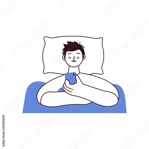 Young man suffers from insomnia. Mental problems. Male lying in bed, using and scrolling cellphone, can not relax. Black and white modern flat vector illustration