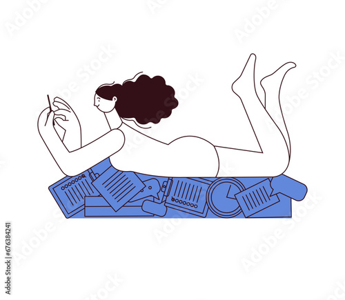 Procrastination concept. Woman with phone lies on documents and stationery oblivious to mess. Office worker spends working time on procrastination. Black and white modern flat vector illustration
