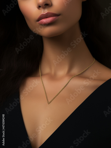 Woman pendant mockup closeup model portrait. Fashion beauty subtle chain necklace for pendant jewelry mockup