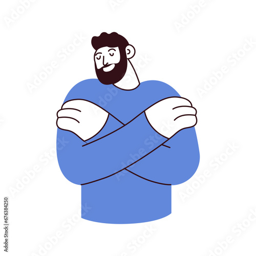 Love yourself. Love your body concept. Take time for your self. Man hugging himself isolated on white background. Black and white modern flat vector illustration