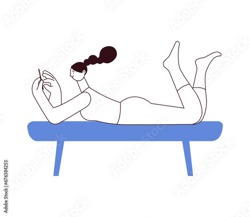 Procrastination mental disorder concept. Woman with phone lies on sofa. Black and white modern flat vector illustration