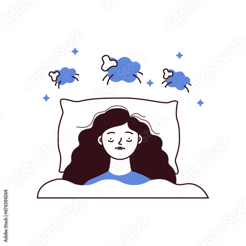 Young woman suffers from insomnia. Mental problems. Girl lying in bed, thinking about sheep, can not relax.  Black and white modern flat vector illustration
