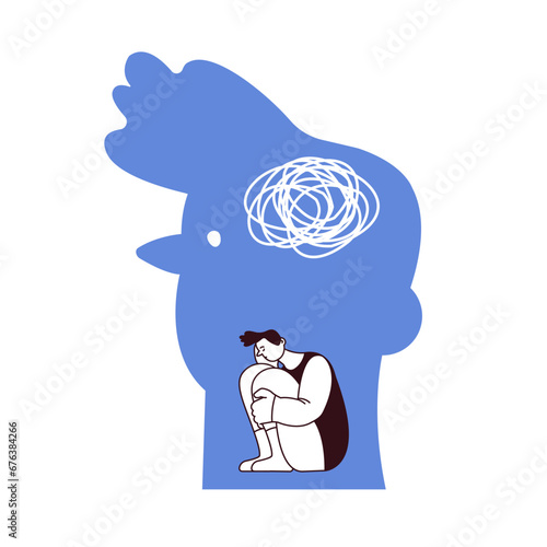 Feeling trapped. Fears. Depressed and fatigue guy. Young man feeling trapped. Black and white modern flat vector illustration