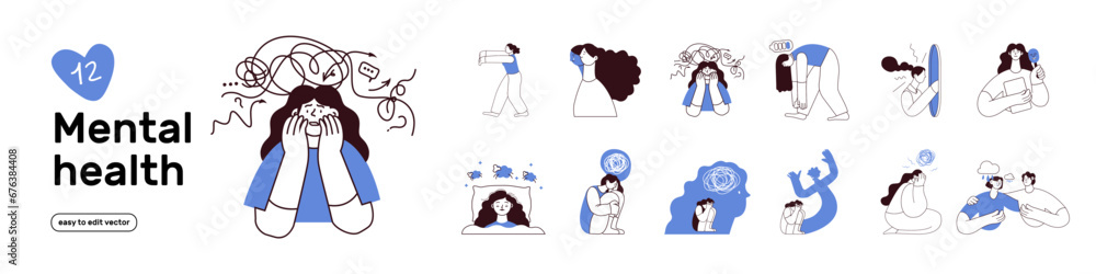 Mental health and psychology set. Different mental health problems, psychological disorders, treatment techniques. Black and white modern vector illustrations - obrazy, fototapety, plakaty 