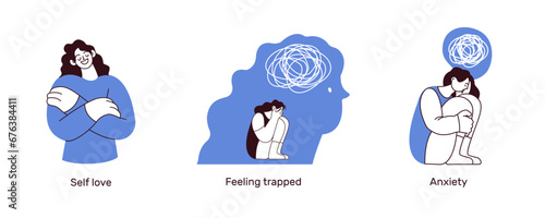 Mental health and psychology illustrations. Self love, trapped feelings, anxiety. Black and white modern flat vector illustration