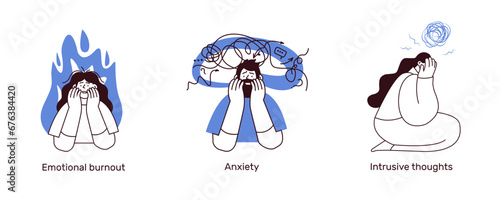 Mental health and psychology illustrations. Emotional burnout, anxiety, intrusive thoughts. Black and white modern flat vector illustration