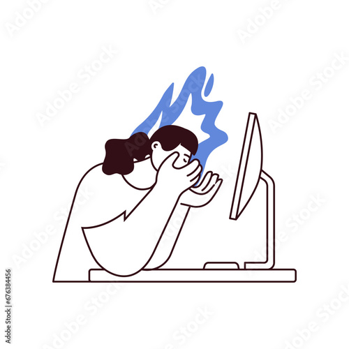 Professional burnout syndrome. Woman in stress under pressure,  office desk, fire on the background. Frustrated worker, mental disorder problems. Black and white modern vector flat illustration
