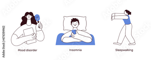 Mental health and psychology illustrations. Mood disorder, Insomnia, Sleepwalking. Black and white modern flat vector illustration