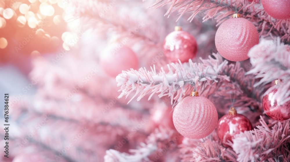 Pinkmas concept. Pink Christmas tree branches decorated with ornaments in pink color. Merry Xmas, Happy New Year 2024 in trendy colors. Vibrant colorful background for cards, invitations, greetings.