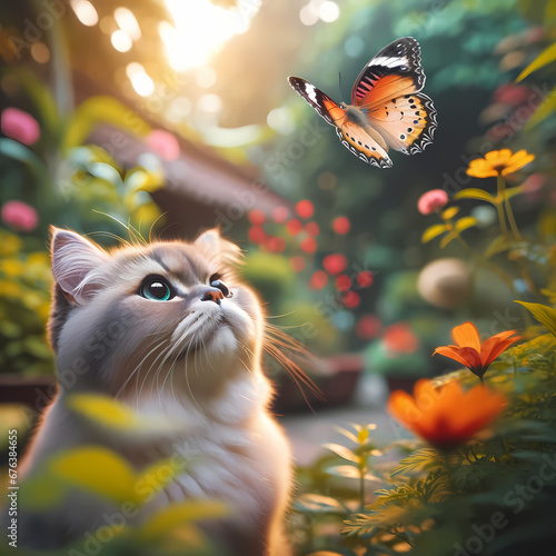 A photograph of a cute cat looking up at a beautiful butterfly in a garden. The cat has an expression of wonder and curiosity as it watches the butter