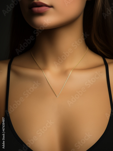 Woman pendant mockup closeup tanned model neck. Fashion beauty subtle chain necklace for pendant jewelry mockup