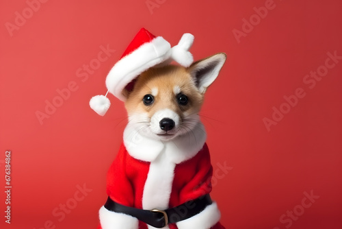 Portrait of a Fox Dressed in a Red Santa Claus Costume in Studio with Colorful Background © Mihai Zaharia