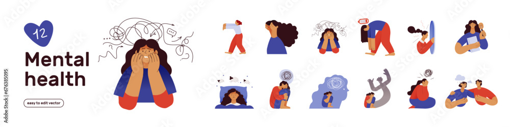 Mental health and psychology set. Different mental health problems, psychological disorders, treatment techniques. Modern vector illustrations - obrazy, fototapety, plakaty 