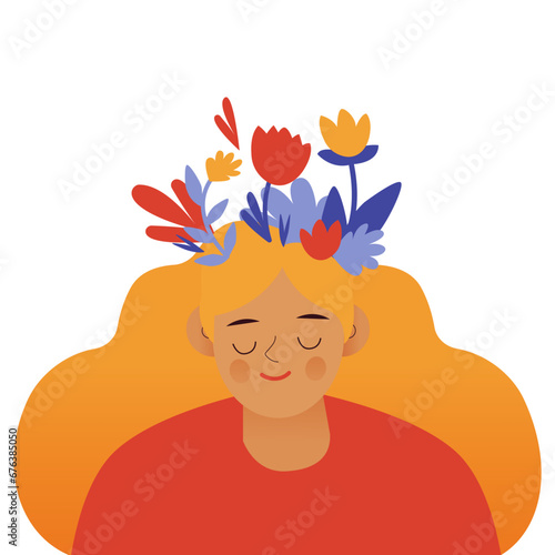Mental health, happiness, harmony creative abstract concept. Happy female  head with flowers. Mindfulness, positive thinking, self care idea. Modern vector illustration