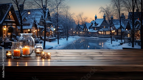Wallpaper Mural Winter scene with warm candle lights on a bridge, festive tree in the background, and a rustic wooden foreground in a serene snowy landscape. Torontodigital.ca
