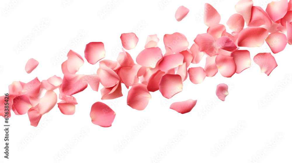 a falling or flying pink rose petals isolated on a transparent background, Valentine's Backdrop