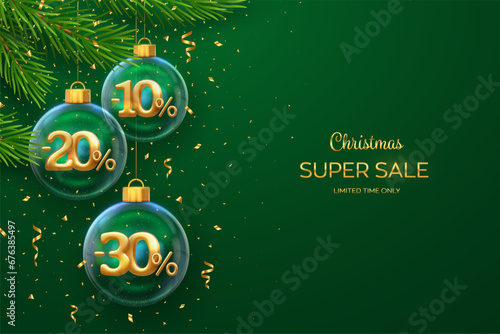 Christmas sale banner. 10, 20, 30 percent Off discount promotion. Realistic golden 10, 20, 30 numbers in a transparent glass balls on green background. Advertising poster, flyer. Vector illustration.