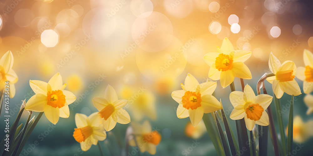 spring yellow daffodil flowers, nature image, macro photo with blurred background, March 8, women's day, spring concept, generative AI
