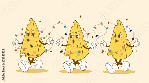 Cheese slices in groovy retro style, cheese like a Christmas tree, Christmas card with funny cartoon character. Three pieces of cheese dressed up as a Christmas tree