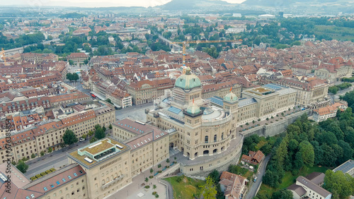 Bern, Switzerland. Federal Palace. Panorama of the city with a view of the historical center. Summer morning, Aerial View