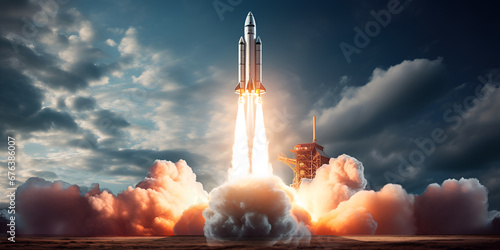 Launching a spacecraft or rocket from Earth. The moment of launch. A spectacular image of the launch of a space rocket, Space shuttle launched by rocket , generative AI