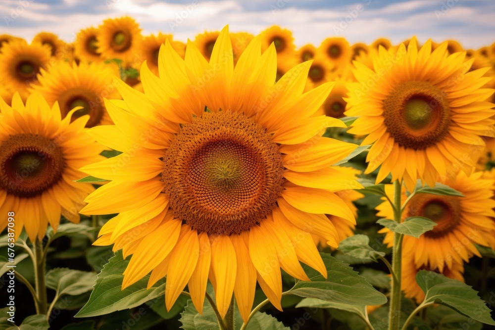 field of sunflowers on a summer day Sunflower Harvest in Full Bloom