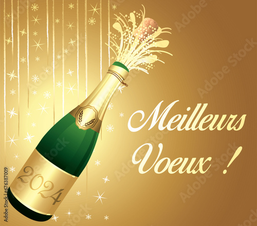 Meilleurs vœux. Bonne année 2024. Carte de vœux verte et or en français. Illustration vectorielle. Fond festif.