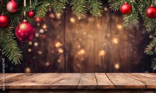 Empty table, blurred Christmas background