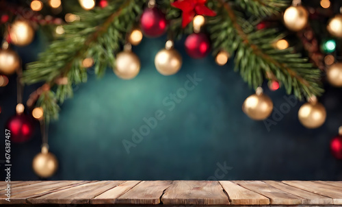 Empty table, blurred Christmas background