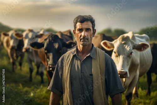 Middle aged cowboy on a farm. Portrait with selective focus and copy space #676387458