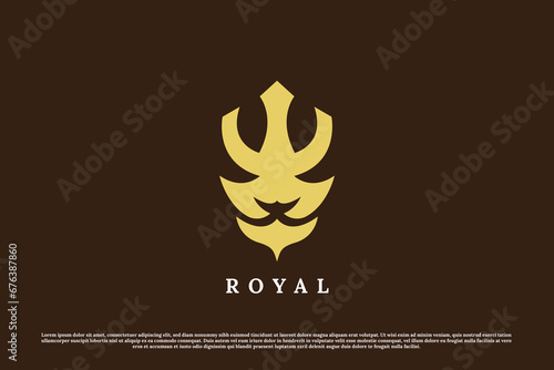 Lion crown logo design illustration. Silhouette of a lion fangs animal head majestic luxury classy royal dignified honor crown king of the jungle. Modern minimalist crest simple mascot concept icon.