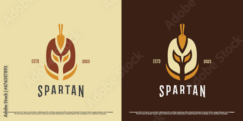 Spartan head logo design illustration. Symbol head helmet face gladiator fighter warrior ancient greek battle army roman war history emblem stamp badge. Simple luxury majestic bold pride vintage icon.