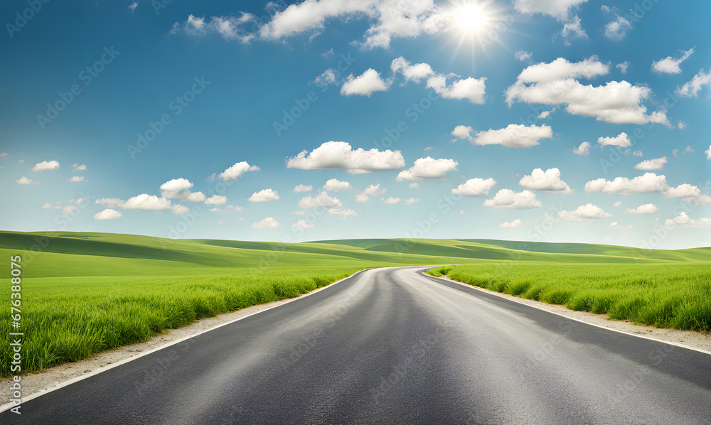 Scenic landscape with lush green field and road Scenic landscape with lush green field and road