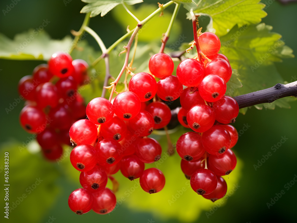 Red ripe currant berries on a branch, blurred background Red ripe currant berries on a branch, blurred background
