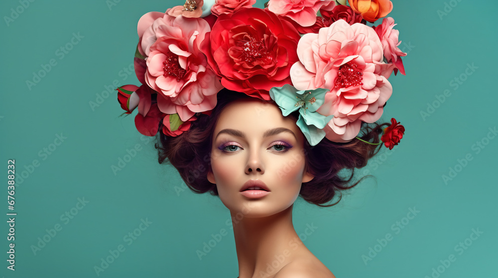 beautiful young woman with floral wreath on her head from big red pink white flowers on teal background. Fashion beauty banner for cosmetics makeup